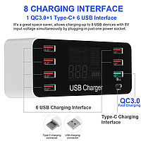 Сетевое Зарядное Устройство (СЗУ) с дисплеем 8-port Smart Led Display Charger A9+ WLX-A9+, 40W 7 USB-A+Type-C