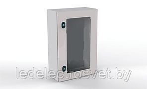 Щит моноблочный 300x400x200мм (ВхШхГ) навесной с монтажной панелью, 1 прозрачная дверь, 1 замок, 1 пластина