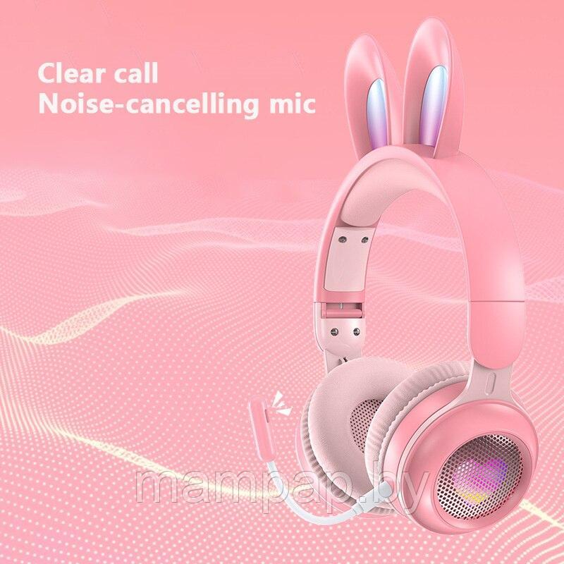 Беспроводные наушники cо светящимися rgb ушками и съемным микрофонам розовые / Детские беспроводные наушники