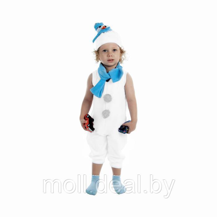 Детский карнавальный костюм "Снеговик с голубым шарфом", велюр, комбинезон, шапка, шарф, рост 68-98 см - фото 1 - id-p171298469