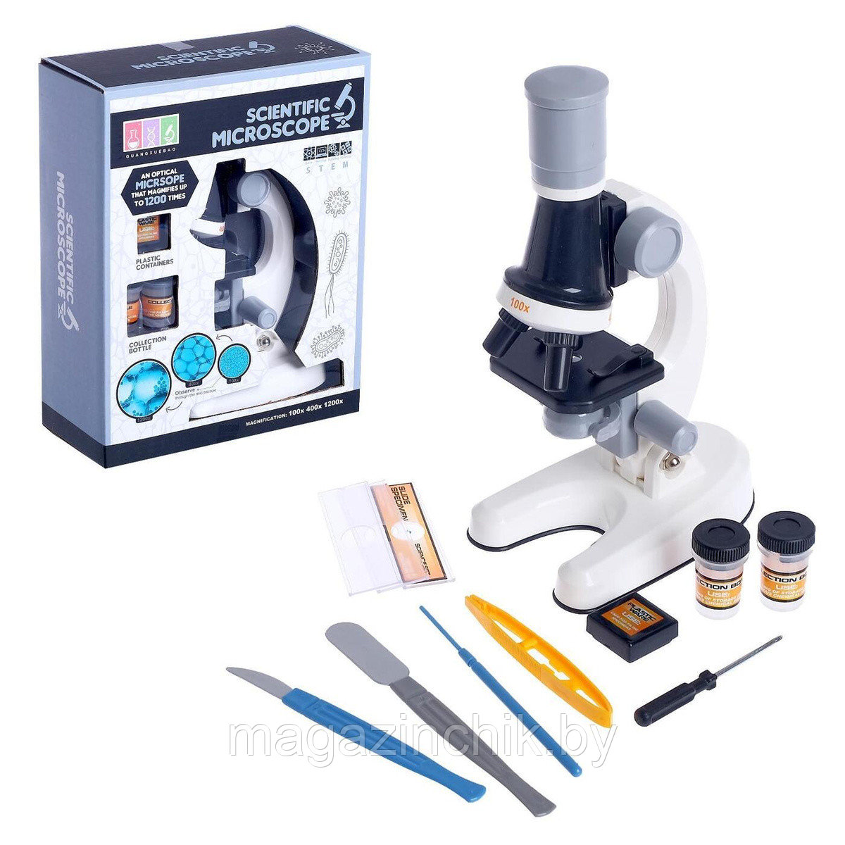 Детский микроскоп 1013 увеличение 100x, 400x, 1200x, подсветка, разные цвета - фото 3 - id-p171357425