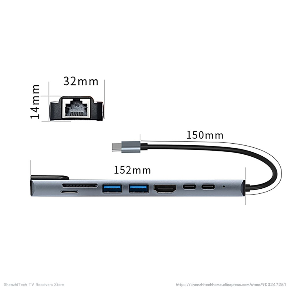 Переходник для MacBook TC19 UCB C - HDTV / 2USB / TF Card Reader / SD / Rj45 / USB-C male / USB-C Female