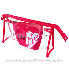 Косметичка "Люби меня" набор 2шт: 25х15х8см, 15х13х5см со съемной ручкой, ПВС, на молнии, розовый (Китай)