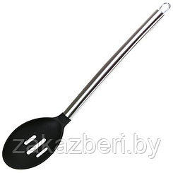 "Дуэт" Ложка гарнирная для тефлоновой посуды пластмассовая 34см, с прорезями, черная, ручка из нержавеющей