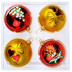 Елочная игрушка шар стеклянная "Рождество", ручная художественная роспись, подарочная упаковка, набор 4шт