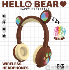 Беспроводные Bluetooth наушники Hello Bear BK-5 с подсветкой Коричневые