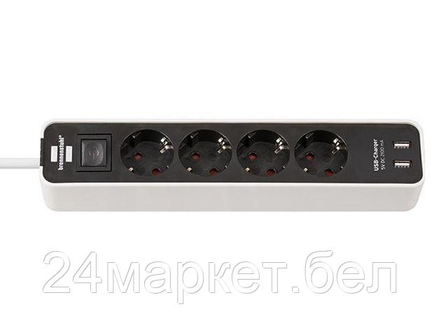 Удлинитель 1.5м (4 роз., 3.3кВт, с/з, 2 USB порта, выкл., ПВС) черный/белый Brennenstuhl Eco-Line (провод, фото 2