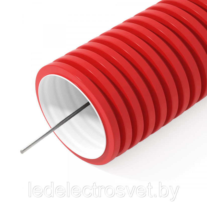 Труба гибкая гофрированная двустенная ПНД 75 мм красная, с протяжкой (уп/50м) - фото 1 - id-p171680206