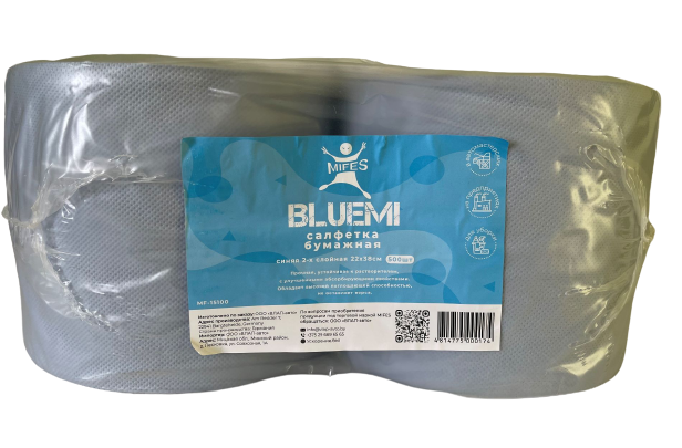 MIFES MF-15100 Cалфетки BLUEMI бумажные синие двухслойные 22x38 см, рулон, 500 штук, фото 2