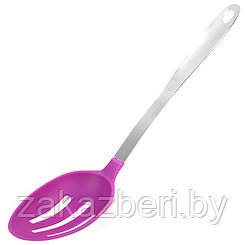 Ложка гарнирная для тефлоновой посуды пластмассовая "Баклажан"  35см, ручка из нержавеющей стали, с прорезями
