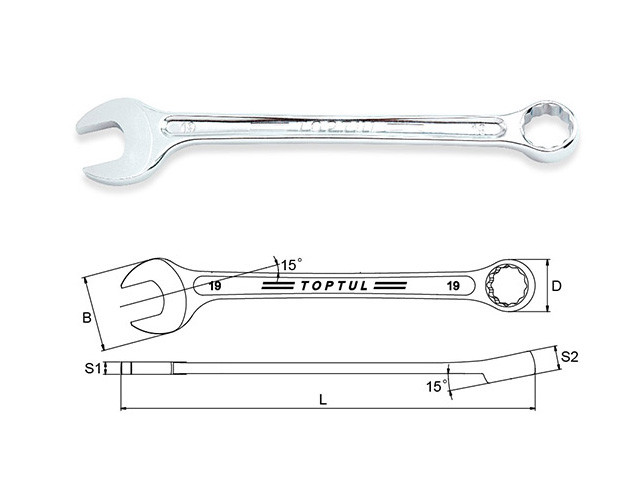 Ключ комбинированный 22мм 15° TOPTUL
