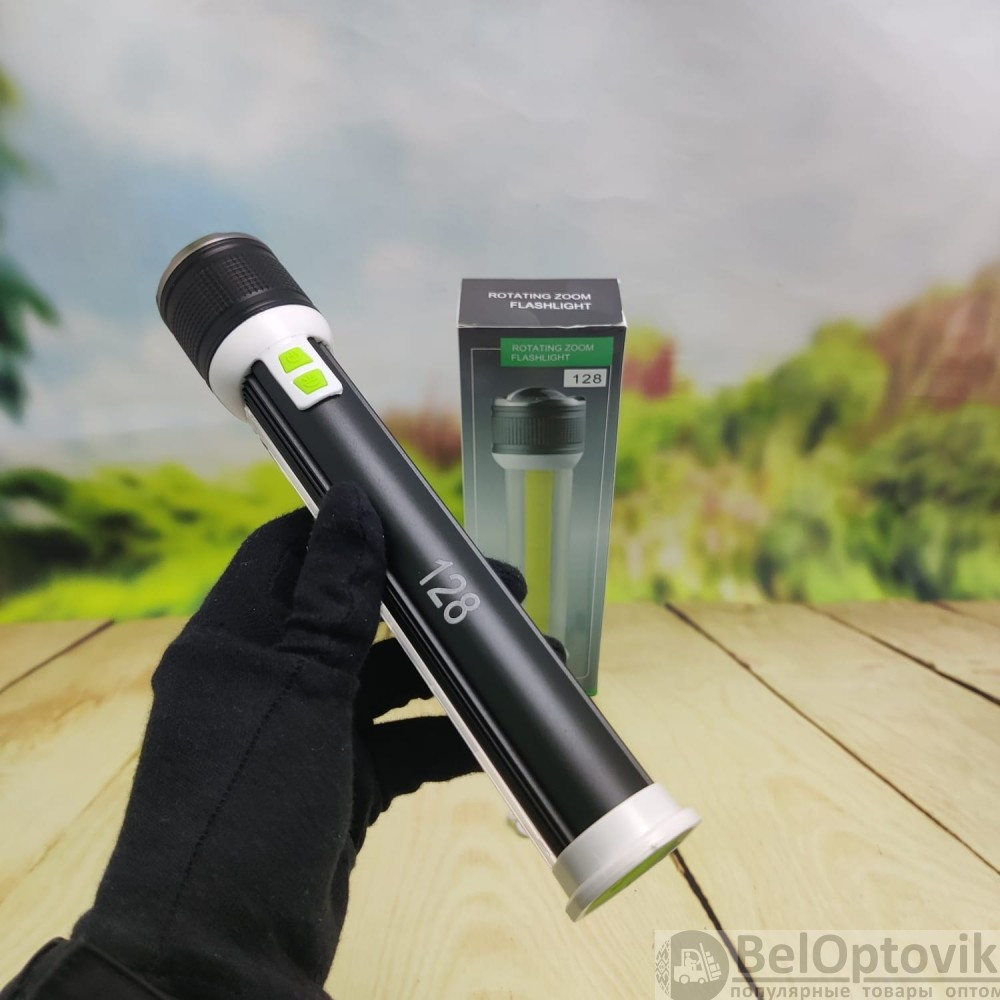 Ручной аккумуляторный фонарь Rotating Zoom Flashlight 128 LED боковая световая СОВ панель + Power Bank - фото 2 - id-p171937657