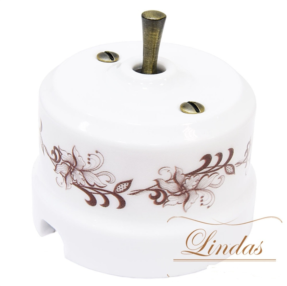 Тумблерный ретро выключатель Lindas, орнамент  №1 (лилия), ручка бронза