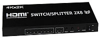 Матричный коммутатор - свитч-сплиттер 2×8 HDMI, 4K 3D, пульт, черный 556085, фото 1