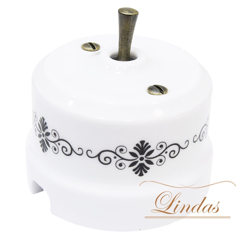 Тумблерный ретро выключатель Lindas, орнамент  №4 (черный), ручка бронза