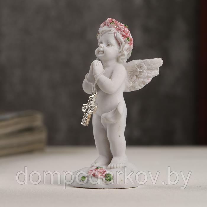 Сувенир полистоун "Белоснежный ангел в розовом веночке с крестиком" 8х3,5х3,8 см - фото 3 - id-p172157248