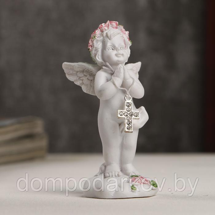 Сувенир полистоун "Белоснежный ангел в розовом веночке с крестиком" 8х3,5х3,8 см - фото 2 - id-p172157248