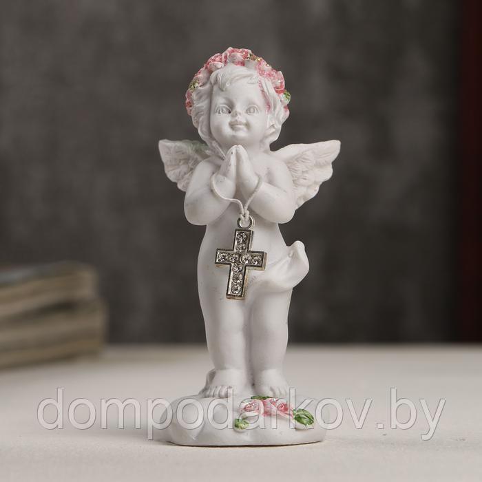 Сувенир полистоун "Белоснежный ангел в розовом веночке с крестиком" 8х3,5х3,8 см