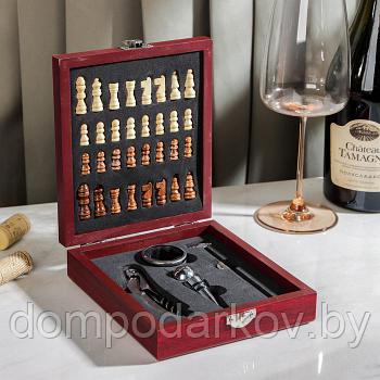 Набор для вина, 4 предмета: термометр, кольцо, открывашка, пробка, шахматы в комплекте