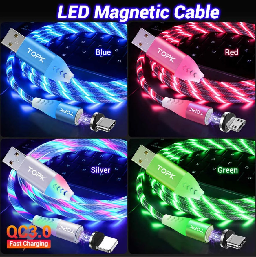 Магнитный кабель для зарядки USB 3 в 1 LED KK21S ( 4 цвета ) 2 метра - фото 2 - id-p172363499