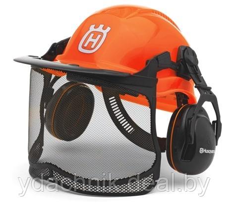 Шлем защитный Husqvarna Functional флуоресцентный в комплекте с сеткой и наушниками - фото 1 - id-p172377814