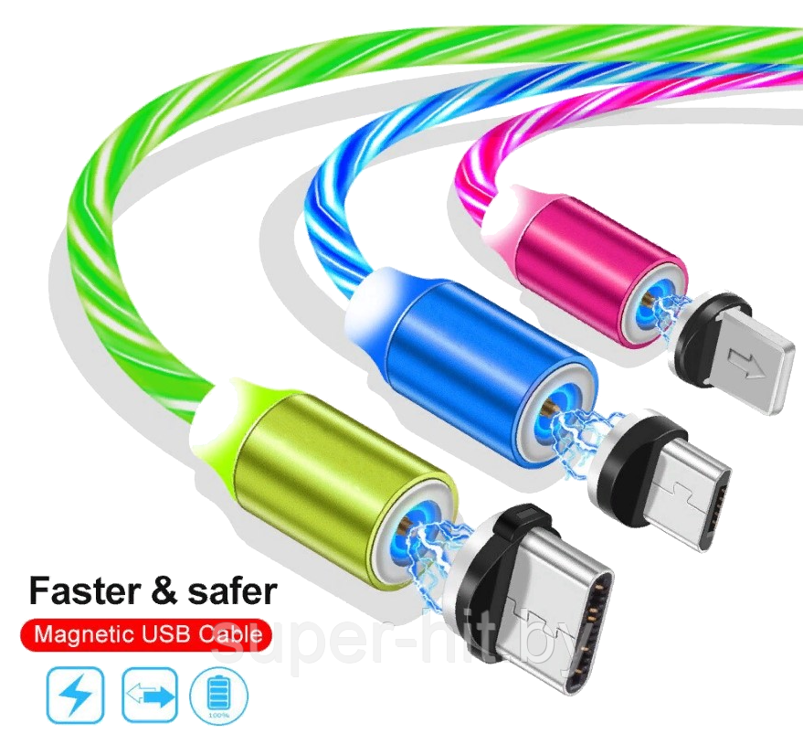 Магнитный кабель для зарядки USB 3 в 1 LED KK21S ( 4 цвета ) 2 метра - фото 3 - id-p172393724