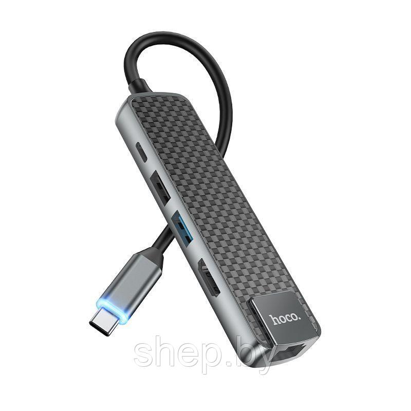 Адаптер Hoco HB23 Type-C на (HDMI+USB3.0+USB2.0+RJ45+PD) цвет: металлик