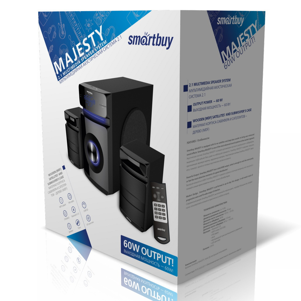 Акустическая 2.1 система Smartbuy MAJESTY (SBS-930) 60 Вт, MDF корпус, Bluetooth, USB, радио, Пульт ДУ - фото 2 - id-p172432130