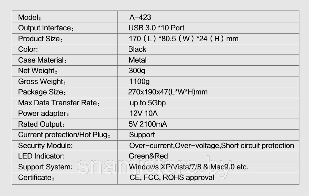USB хаб Sipolar A-400 (A-423) 10 портов USB 3.0 с евровилкой и блоком питания - фото 7 - id-p172838606