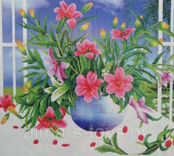 Алмазная мозаика 30* 40"Цветы на подоконнике" ,на подрамнике по отличной цене