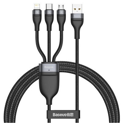 Кабель Baseus CA1T3-G1 Flash Series One-for-three Fast Charging Data Cable USB to Micro USB + Lightning + - фото 1 - id-p172877948