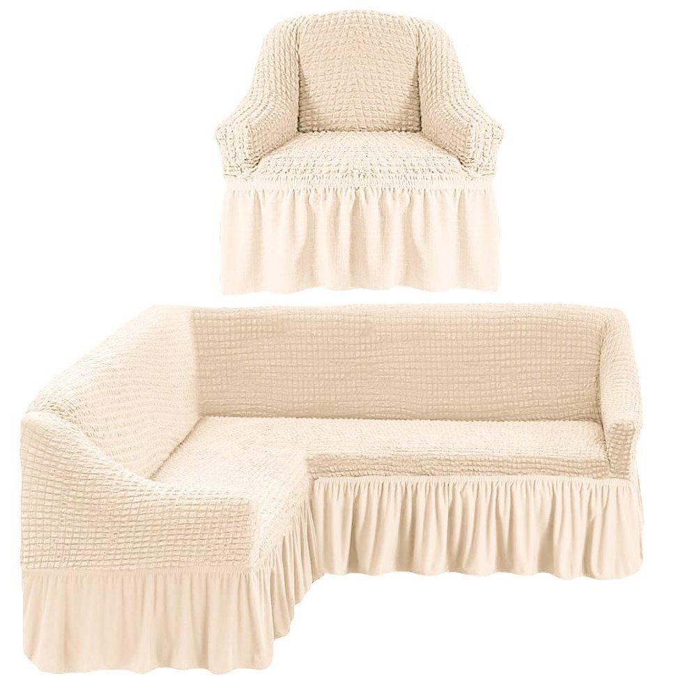Чехлы для мягкой мебели 3-х местный угловой диван + 1 кресло / молочный - фото 1 - id-p172944326