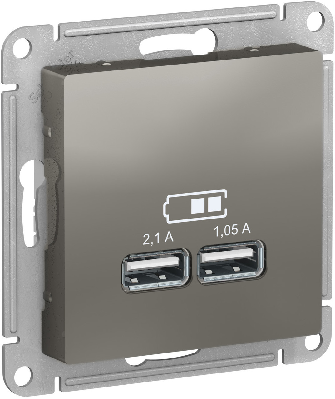 USB розетка, 5В /2,1А, 2 х 5В /1,05А, цвет Сталь (Schneider Electric ATLAS DESIGN)