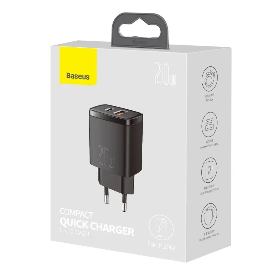 Сетевое зарядное устройство Baseus CCXJ-B01 USB + Type-C QC + PD20W (Быстрая зарядка) Черное - фото 4 - id-p172685265