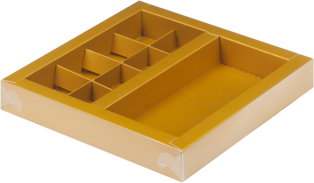 Коробка для 8 конфет и шоколадной плитки с окном Золото, 200х200х h30 мм - фото 1 - id-p173117841