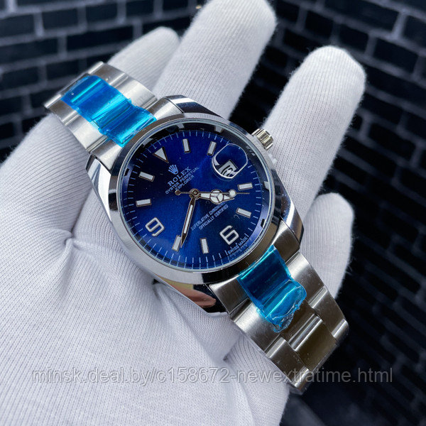 Мужские синие часы Rolex  (кварц, серебристые, копия)