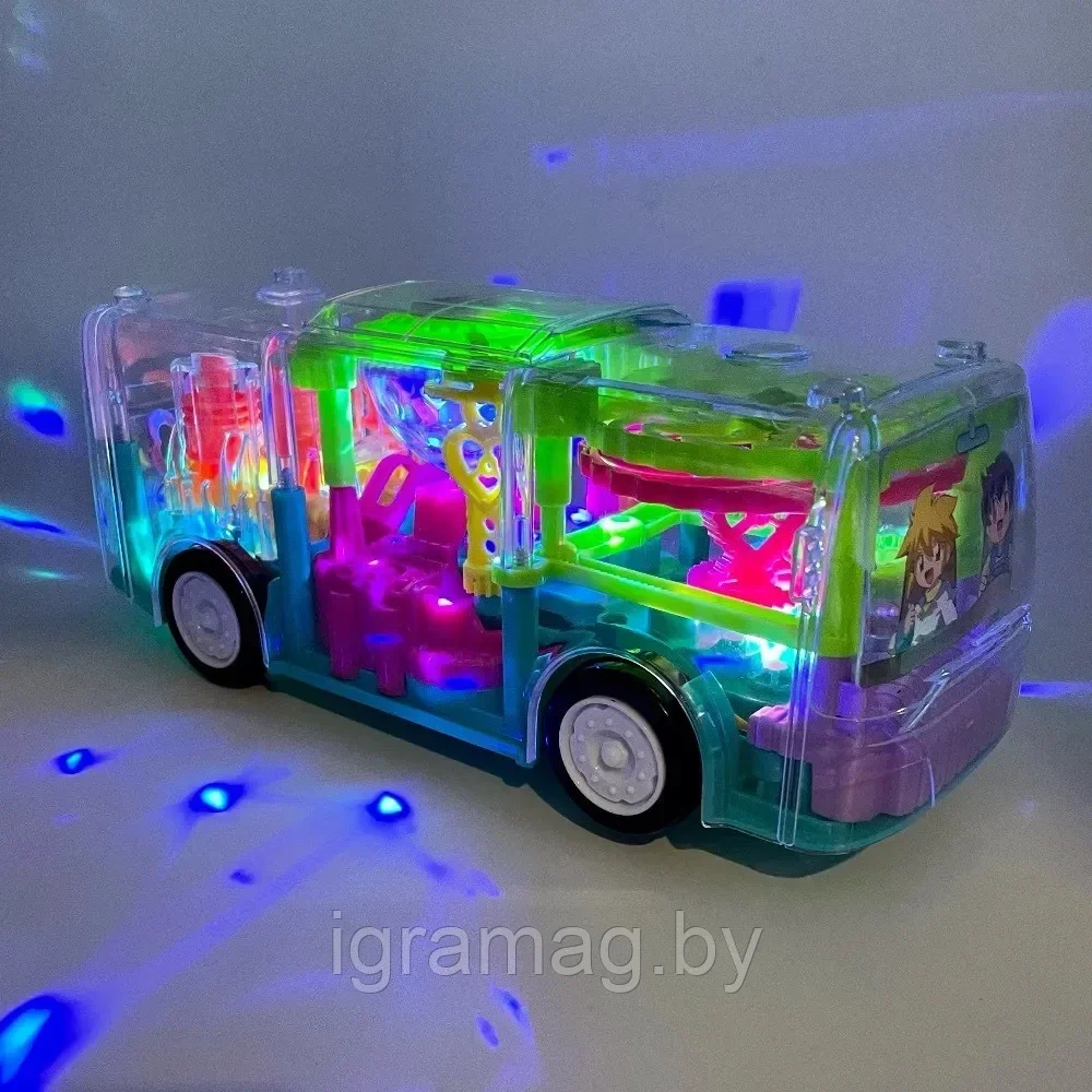 Машинка детская автобус с движущимися шестеренками,прозрачный со звуком и светом - фото 2 - id-p173229037
