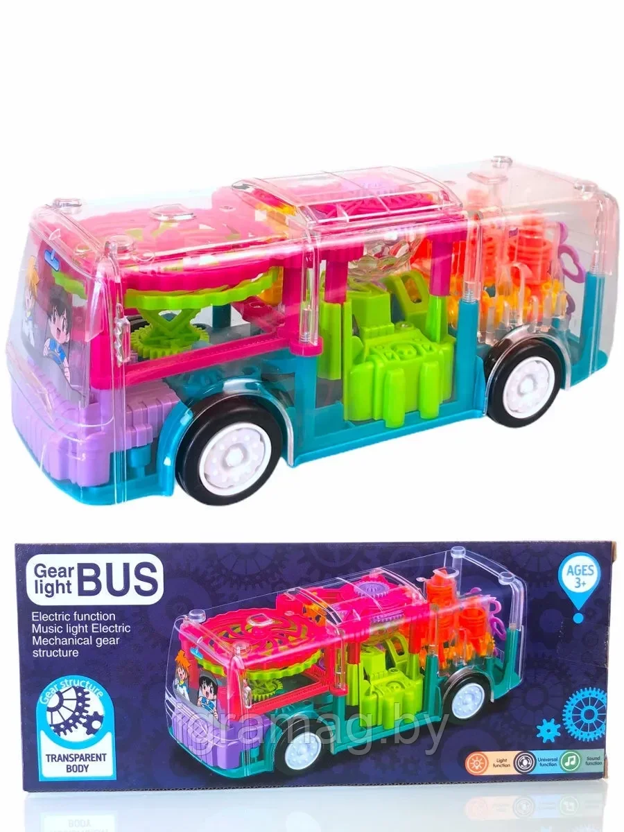 Машинка детская автобус с движущимися шестеренками,прозрачный со звуком и светом - фото 1 - id-p173229037