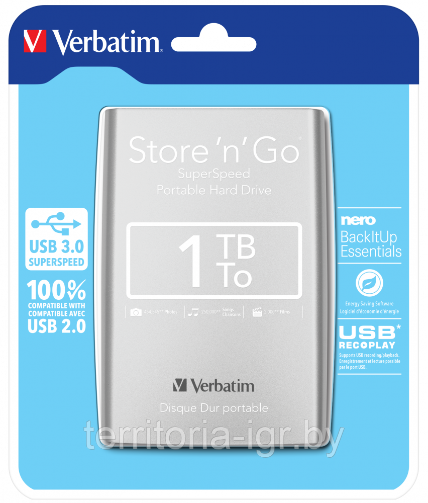 Внешний жесткий диск Store 'n' Go USB 3.0, 1 Тб Verbatim (Серебристый)