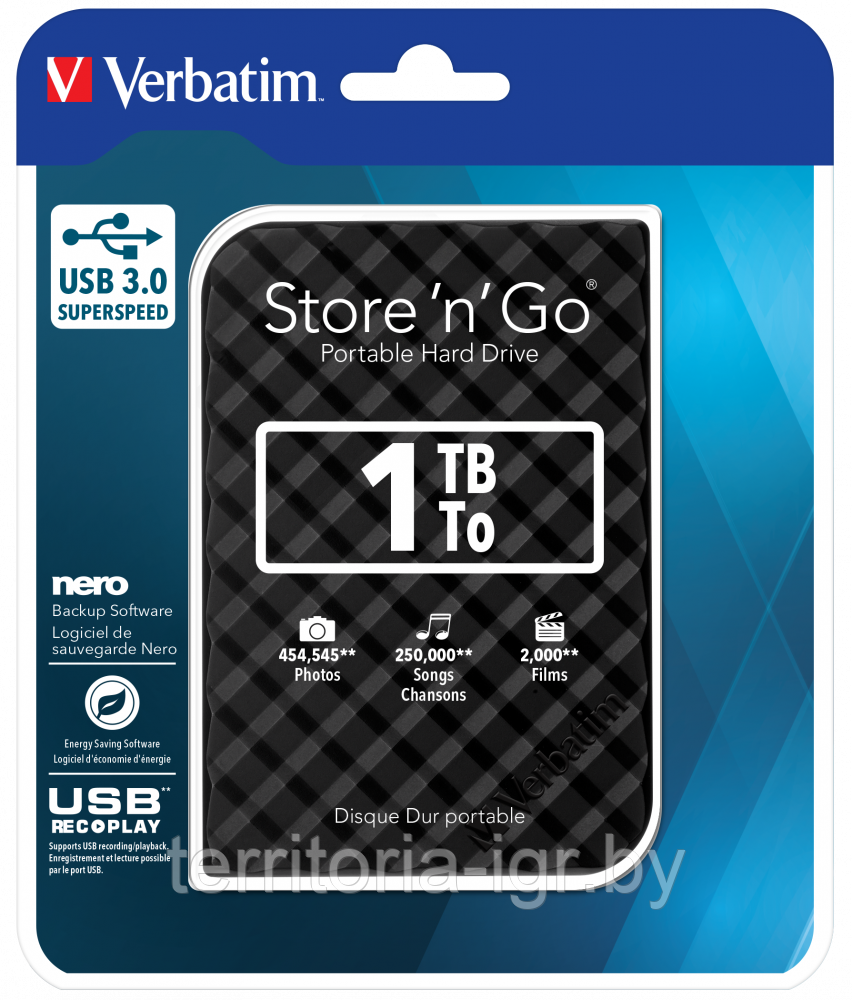 Внешний жесткий диск Store 'n' Go USB 3.0, 1 Тб Verbatim (черный)