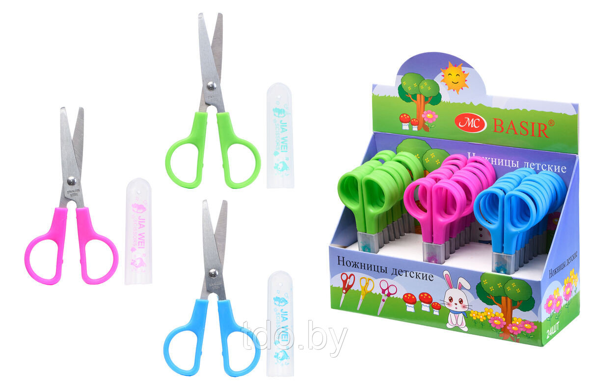 Ножницы: детские в чехле, с пластиковыми ручками, длина ножниц 12,0 см, лезвие 4,5 см, в дисплее, 3 цвета - фото 1 - id-p107242103