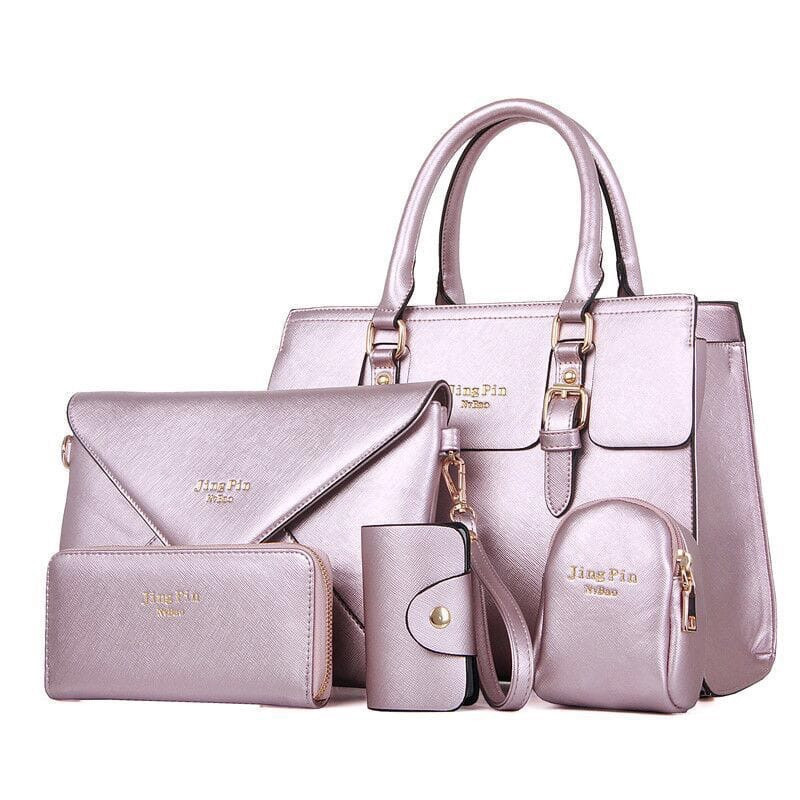 Набор женских сумок 5 в 1 ( сумка, клатч, кошелек, сумка-брелок с креплением, визитница ) перламутр