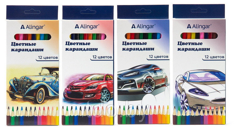 Карандаши цветные, 12 цветов, деревянные, шестигранные. Автомобили