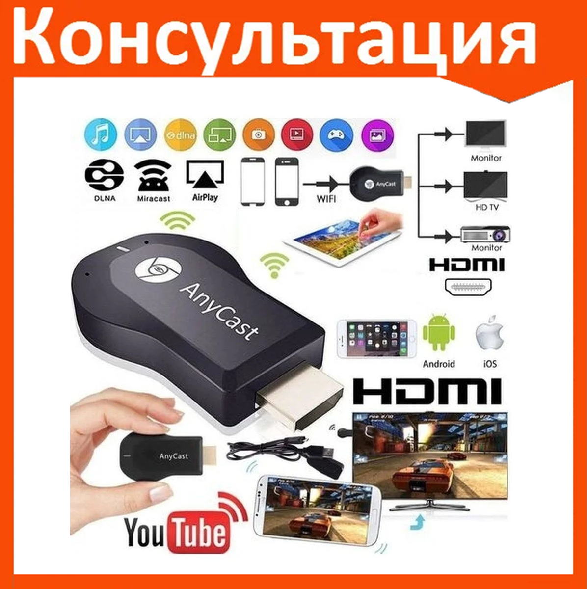 Мультимедийный Wi-Fi HDMI Адаптер AnyCAST M9 Plus / Wi-Fi-адаптер - фото 2 - id-p173401568