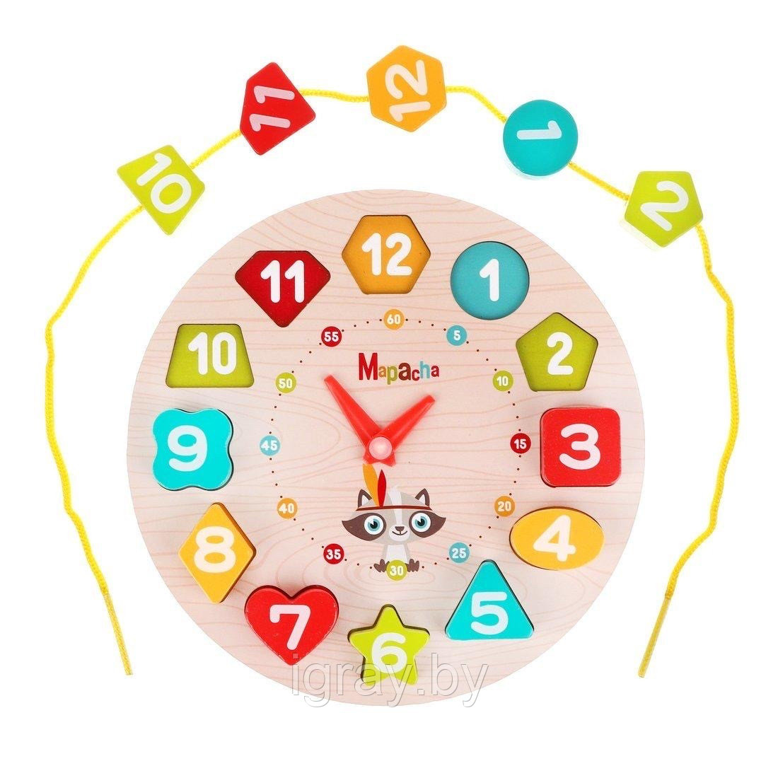Развивающая игра 3в1 "Часы": вкладыш, шнуровка, обучение формам и цифрам Арт. NIG-76847 - фото 3 - id-p166792541