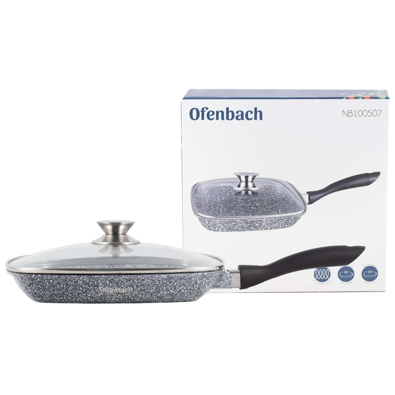 Сковорода-гриль с мраморным покрытием 28 см. с крышкой Ofenbach 100507 - фото 2 - id-p173456327
