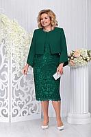 Женский осенний кружевной зеленый нарядный большого размера комплект с платьем Ninele 5744 изумруд 52р.