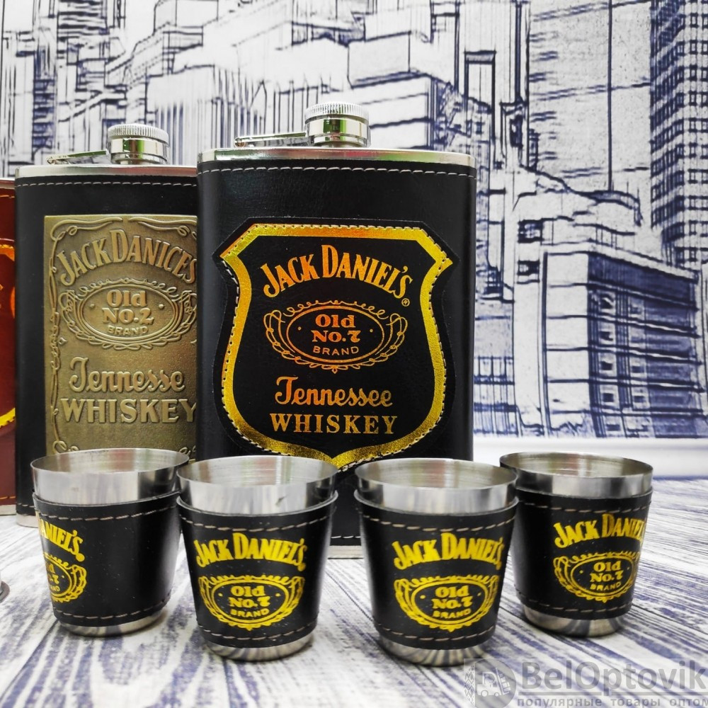 Подарочный набор Jack Daniels: фляжка 255 мл, 4 стопки и металлическая воронка M-39 Коричневый в золоте - фото 3 - id-p117447810