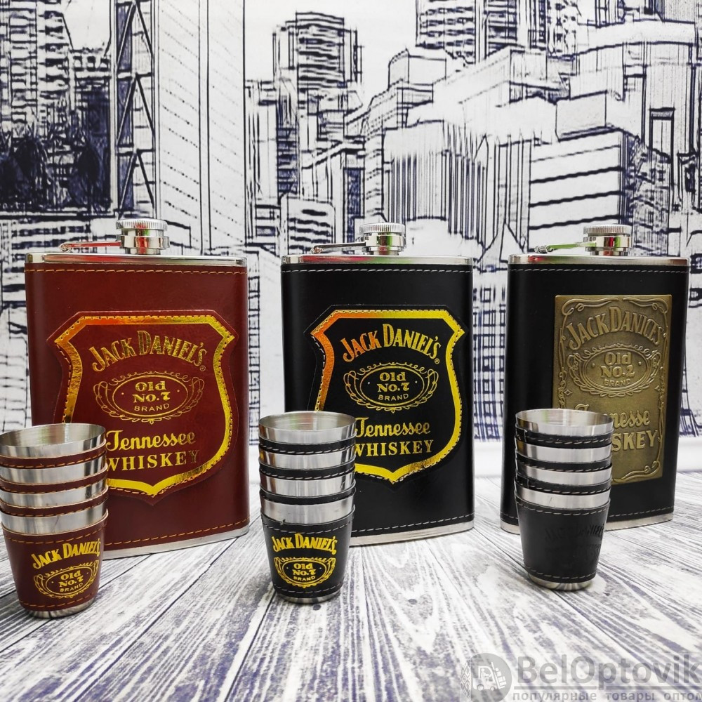 Подарочный набор Jack Daniels: фляжка 255 мл, 4 стопки и металлическая воронка M-39 Коричневый в золоте - фото 9 - id-p117447810