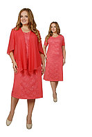 Женский осенний шифоновый красный нарядный большого размера комплект с платьем Tensi 127 коралл 58р.